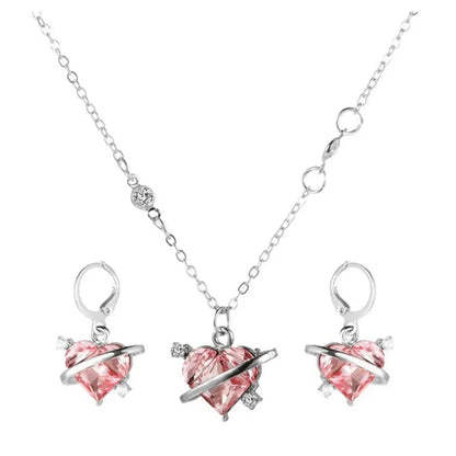 Pink Heart Pendant Necklace Earrings Women's Fashion Shiny Zircon Stud