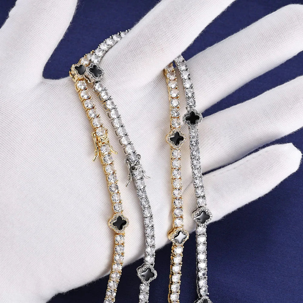 Hip Hop Ice Flower Tennis Clavicle Necklace New Cube Zirconia Brass