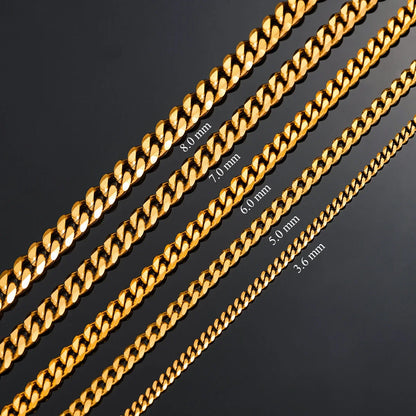 Hot Sale 5mm/6mm/7mm/8mm/9mm Gold Plated Stainless Steel Cuban Link Chains Classic Men Boy Curb Chunky Necklace 20 to 24 Inches