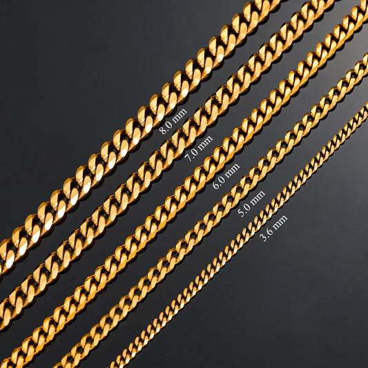 Hot Sale 5mm/6mm/7mm/8mm/9mm Gold Plated Stainless Steel Cuban Link Chains Classic Men Boy Curb Chunky Necklace 20 to 24 Inches
