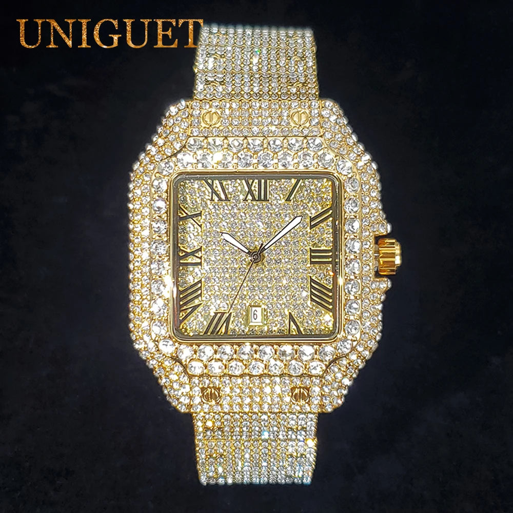 Men's Gold Watch Iced Diamond Hip Hop Square Design Wastches For Men Waterproof Calendar Fashion Luxury Wristwatches New In