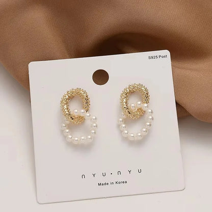 2022 New Trend Simulation Pearl Long Earrings Women's Flower Rhinestone Wedding Pendant Earrings Fashion Korean Jewelry Earrings