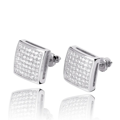 925 Sterling Silver Square Screw Stud Earrings Pave CZ Iced Out Screw