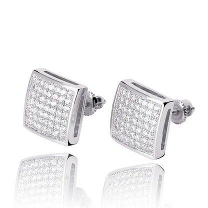 925 Sterling Silver Square Screw Stud Earrings Pave CZ Iced Out Screw