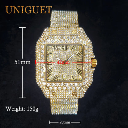 Men's Gold Watch Iced Diamond Hip Hop Square Design Wastches For Men Waterproof Calendar Fashion Luxury Wristwatches New In