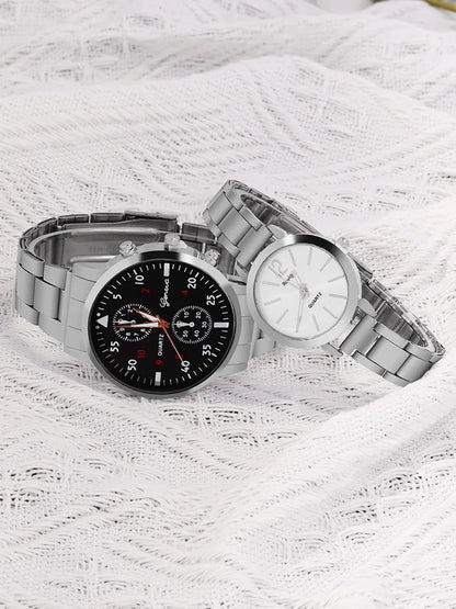 4pcs Versatile Couple Quartz Steel Band Watch and Couple Necklace