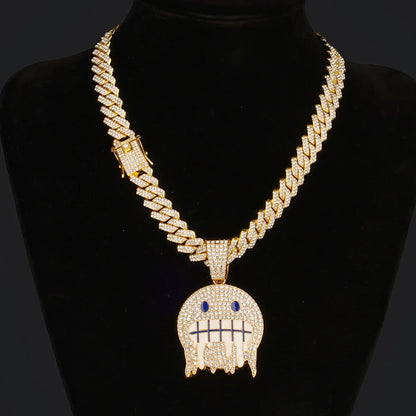 Men White Blue Cubic Zirconia Paved Hip Hop Round Face Pendants Necklaces with Cuban Chain Iced Out Bling CZ Fashion Boy Jewelry