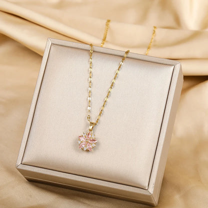 New Cute Romantic Pink Sakura Pendant Stainless Steel Necklaces For