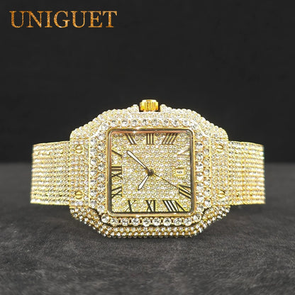 Men's Gold Watch Iced Diamond Hip Hop Square Design Wastches For Men Waterproof Calendar Fashion Luxury Wristwatches New In