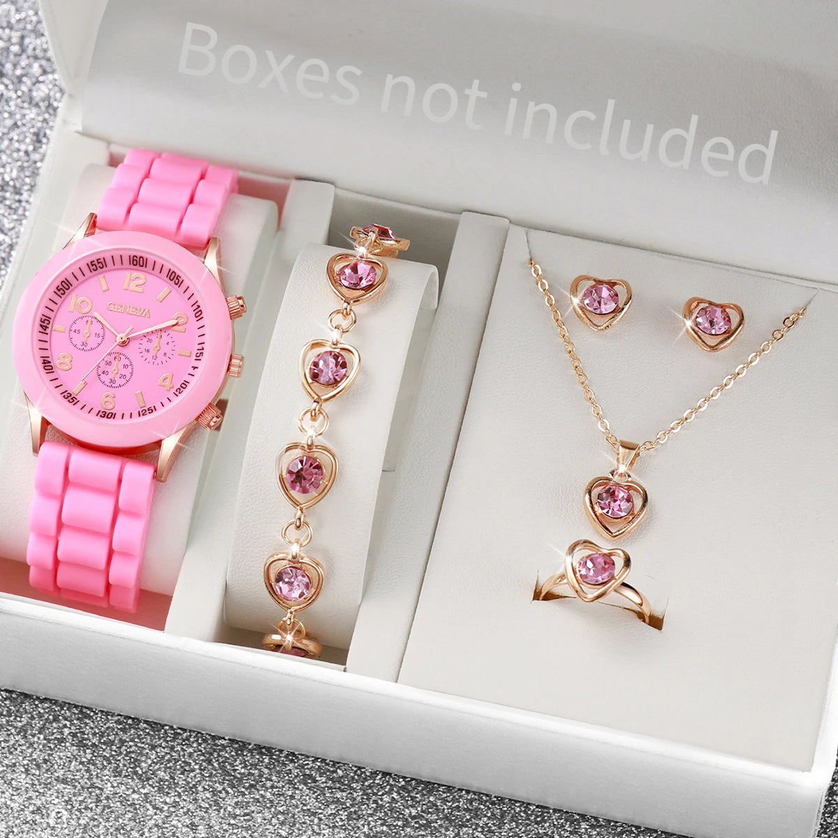 4pcs/set Geneva Fashion Silicone Band Women Quartz Watch & Heart Jewelry Set