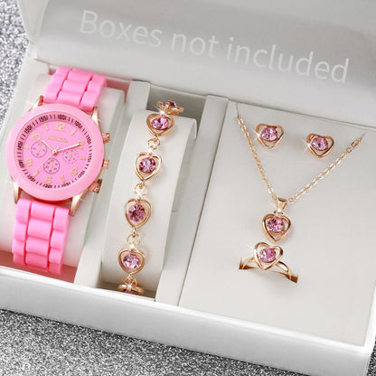4pcs/set Geneva Fashion Silicone Band Women Quartz Watch & Heart Jewelry Set