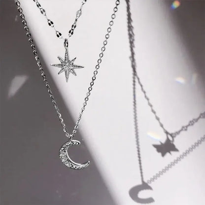 925 Silver Double Star & Moon Layered Necklace – Elegant Fine Jewelry for Women™