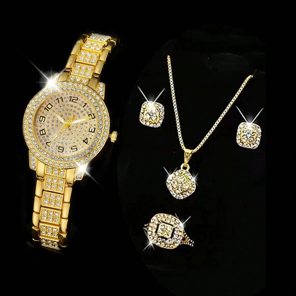 Fashion Numeric Golden Watch with Jewelry Set