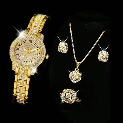 Fashion Numeric Golden Watch with Jewelry Set