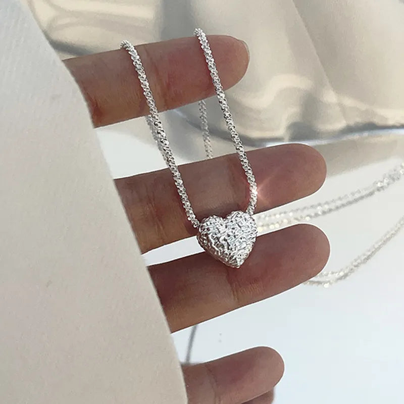New 925 Sterling Silver Girls Hammer pattern Love Necklace Simple