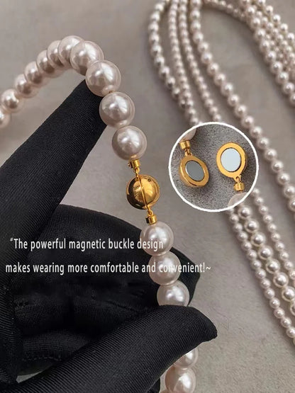 Girl’s Imitation White Pearl Magnetic Round Buckle Beadeds Chain