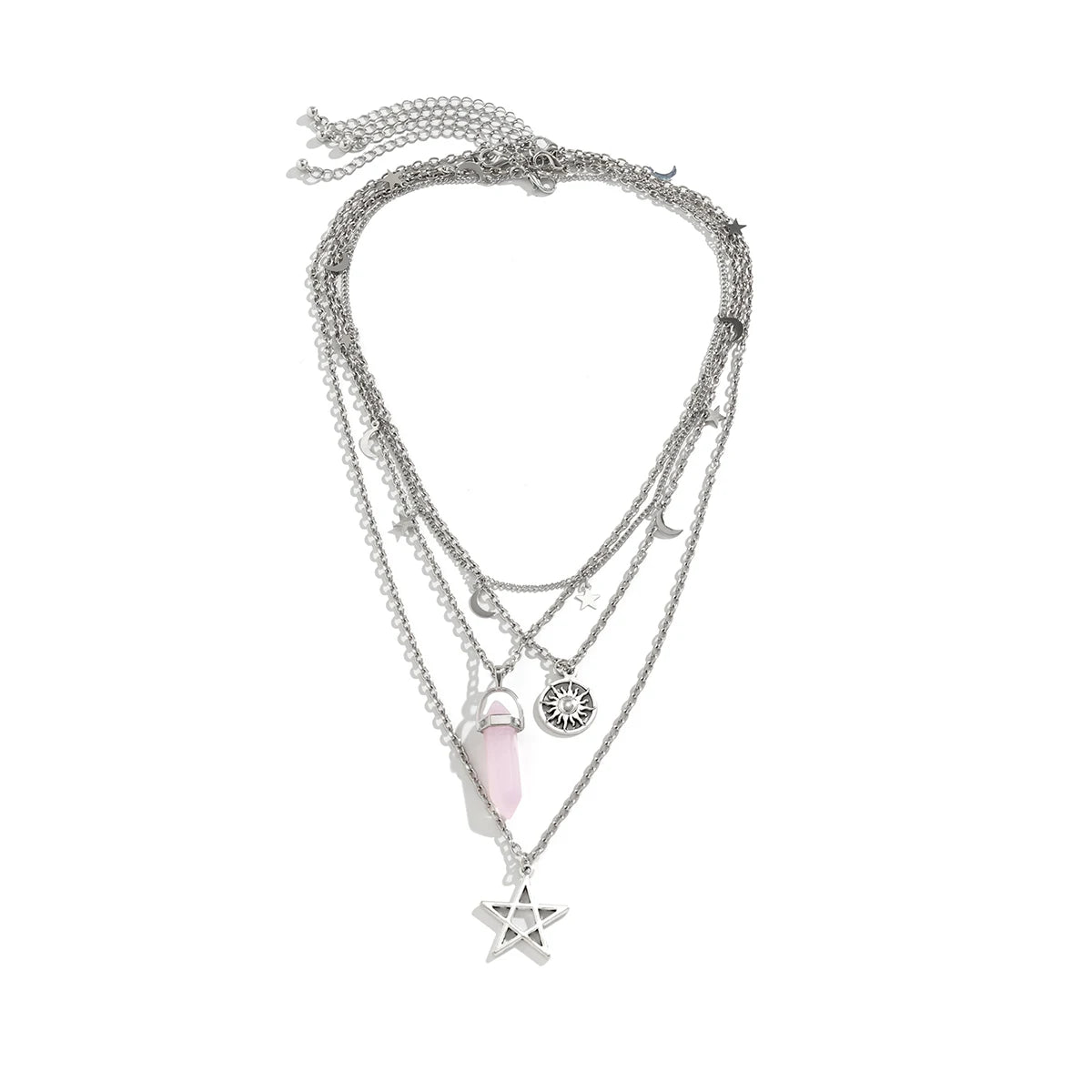 4Pcs Ethnic Pink Crystal Star Pentagram Pendant Choker Necklace for