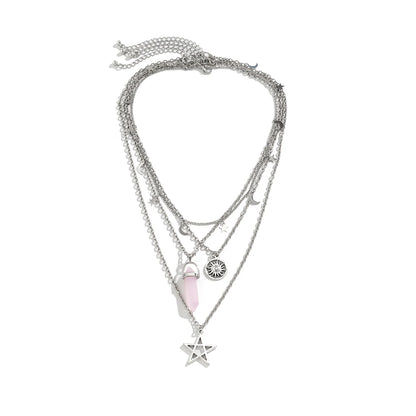 4Pcs Ethnic Pink Crystal Star Pentagram Pendant Choker Necklace for