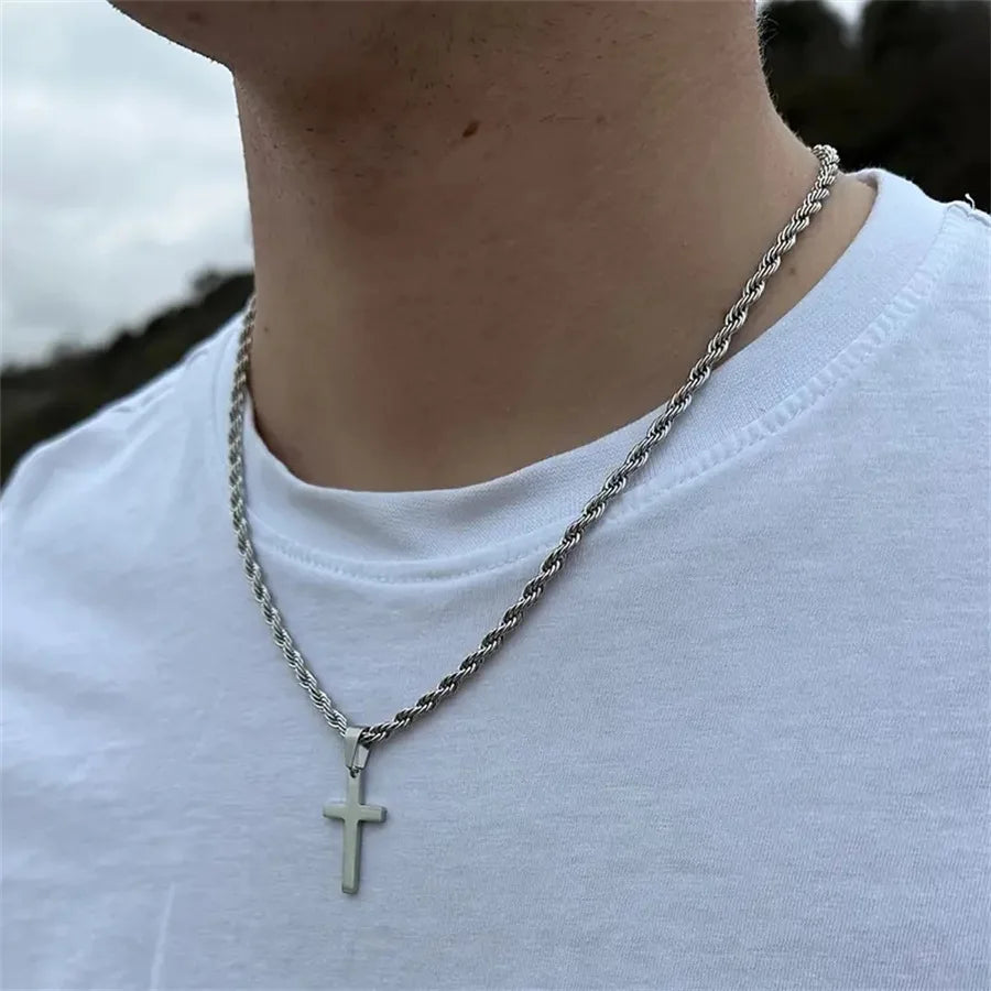 Stainless Steel Cross Pendant Necklace for Men Boys 18K Gold Plated Silver Simple Twisted Chain Fashionable Jewelry Beach Party