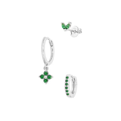 3PCS Exquisite Green Zircon Hanging Earrings Set for Women Stainless Steel Flower Dangle Earring Cartilage Piercing Jewelry
