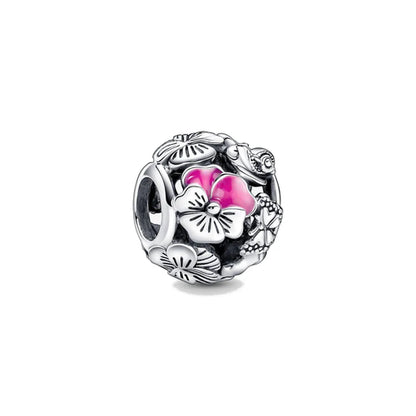 New 2023 Fashion Pink Pansy Flower Pendant Bead 925 Sterling Silver