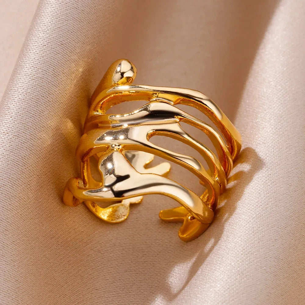 Stainless Steel Rings For Women Men Gold Color Hollow Wide Ring Female
