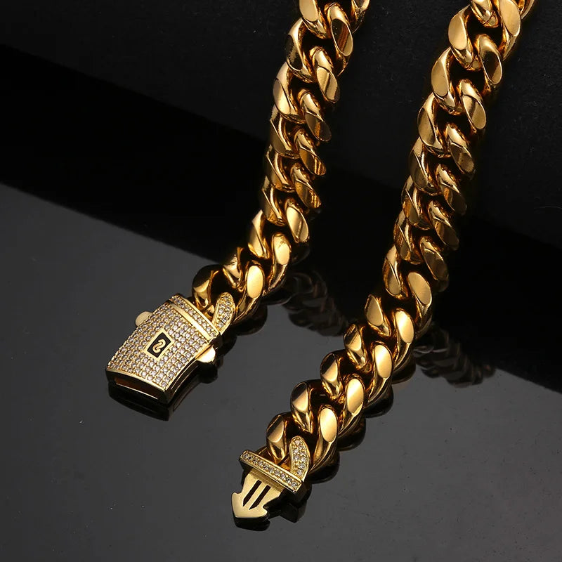 6-14mm Gold Color Stainless Steel Cuban Miami Chains Necklaces CZ Zircon Box Lock Link Chain for Men Hip Hop Rock jewelry