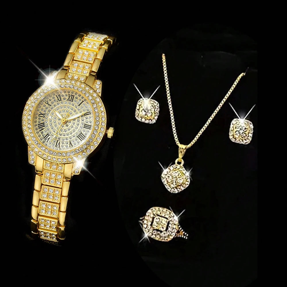 Fashion Numeric Golden Watch with Jewelry Set