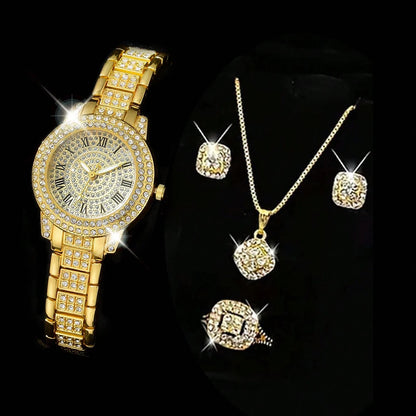 Fashion Numeric Golden Watch with Jewelry Set