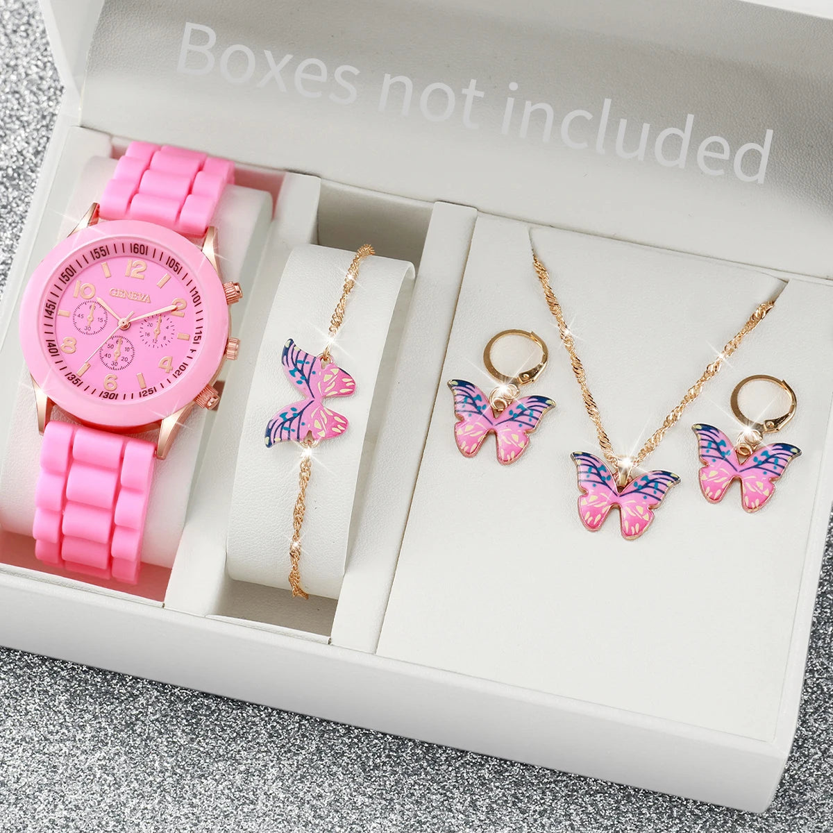4pcs/set Geneva Fashion Silicone Band Women Quartz Watch & Heart Jewelry Set