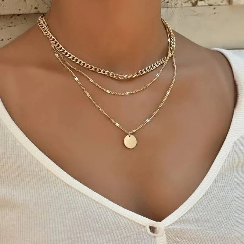 Endearing Three Layer Three Pendant Golden Metal Necklace