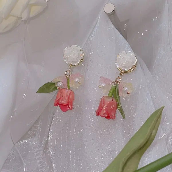 New Fashion Jewelry Red Rose Drop Earrings Women Vintage Rhinestone Flowers Dangle Earring Weddings Engagement Party Jewelry