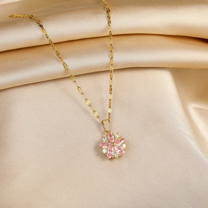 New Cute Romantic Pink Sakura Pendant Stainless Steel Necklaces For