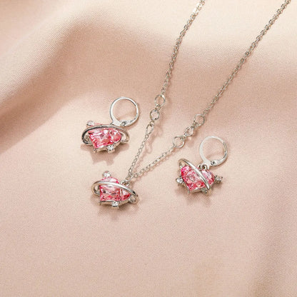 Pink Heart Pendant Necklace Earrings Women's Fashion Shiny Zircon Stud