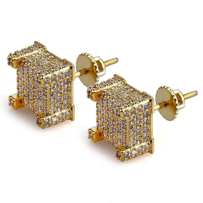 925 Sterling Silver Square Screw Stud Earrings Pave CZ Iced Out Screw