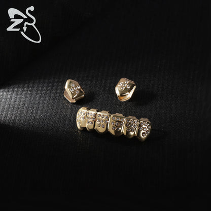 ZS 1 Set Hip Hop 18K Gold Plated Grillz Men Teeth Shiny CZ Crystal Cross Gap Grillz Colorful Zircon Top&Bottom Tooth Jewelry