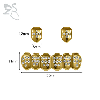 ZS 1 Set Hip Hop 18K Gold Plated Grillz Men Teeth Shiny CZ Crystal Cross Gap Grillz Colorful Zircon Top&Bottom Tooth Jewelry