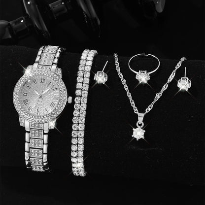 Fashion Numeric Golden Watch with Jewelry Set