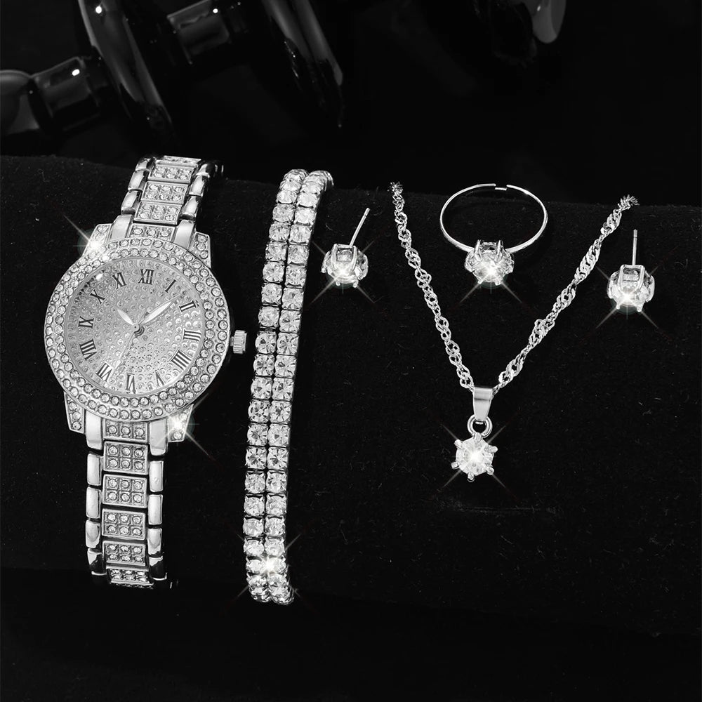 Fashion Numeric Golden Watch with Jewelry Set