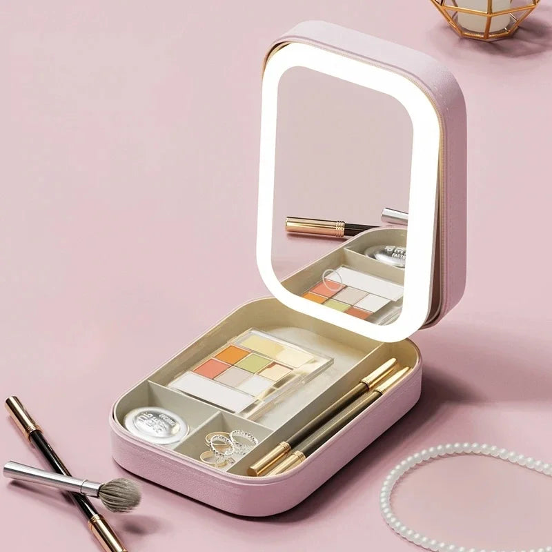 Makeup Storage Box With LED Light Mirror Portable Travel Makeup Cosmetics