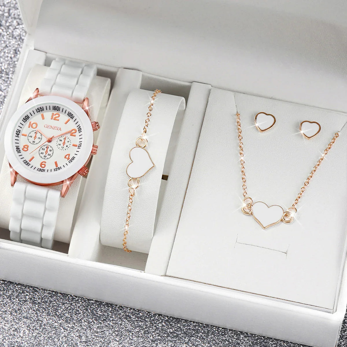 4pcs/set Geneva Fashion Silicone Band Women Quartz Watch & Heart Jewelry Set