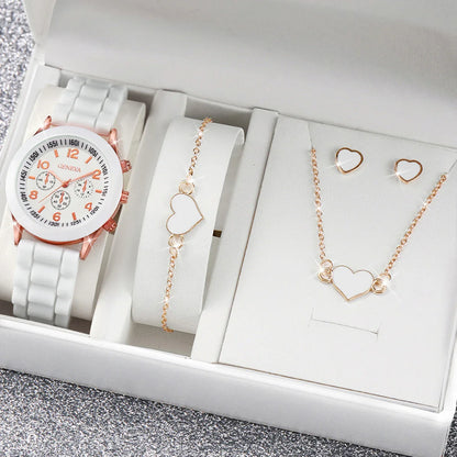 4pcs/set Geneva Fashion Silicone Band Women Quartz Watch & Heart Jewelry Set