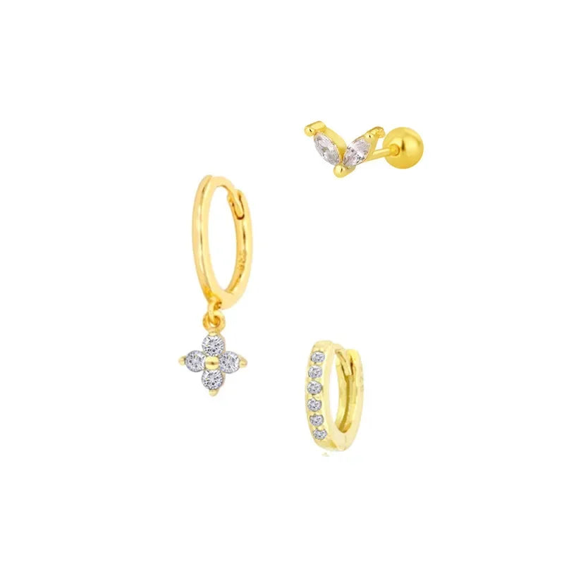 3PCS Exquisite Green Zircon Hanging Earrings Set for Women Stainless Steel Flower Dangle Earring Cartilage Piercing Jewelry