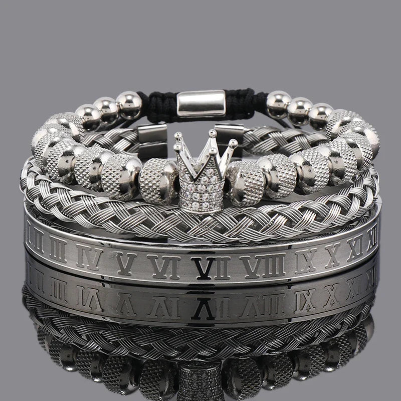 Luxury Set Crown Charms Man Bracelet Roman Stainless Steel Women Bangles Hand Jewelry Valentine's Day Gift