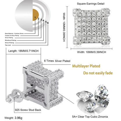 925 Sterling Silver Square Screw Stud Earrings Pave CZ Iced Out Screw