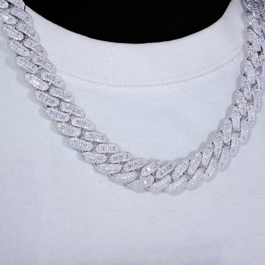 15mm Baguette Cuban Link Chain Iced Out In hand-set Simulated Diamond