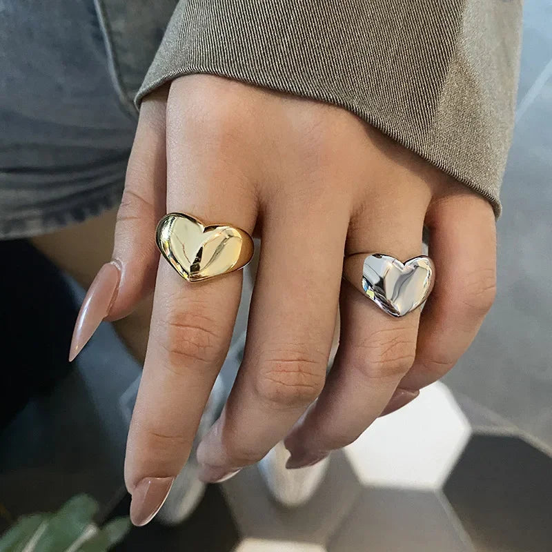 Stainless Steel Simple Smooth Metal Heart Rings For Women Men Y2K