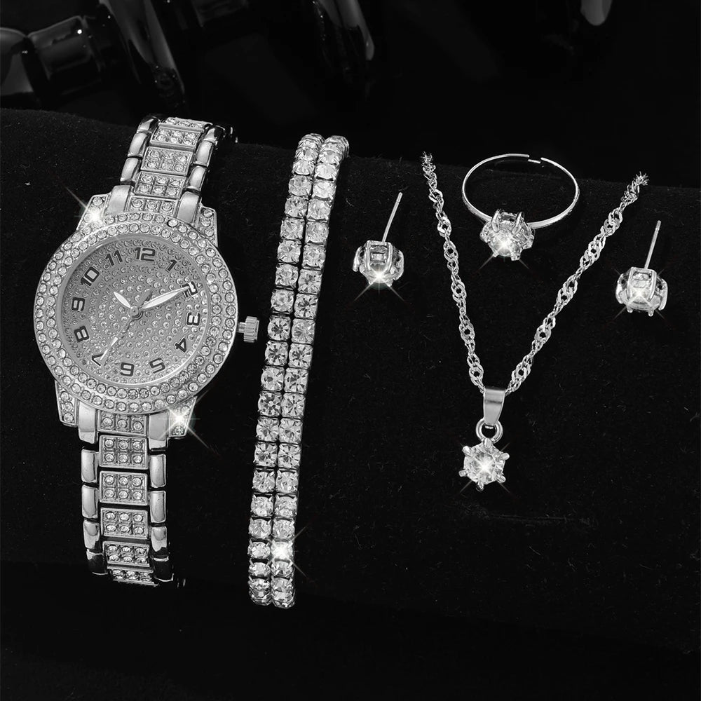 Fashion Numeric Golden Watch with Jewelry Set