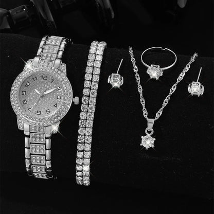 Fashion Numeric Golden Watch with Jewelry Set