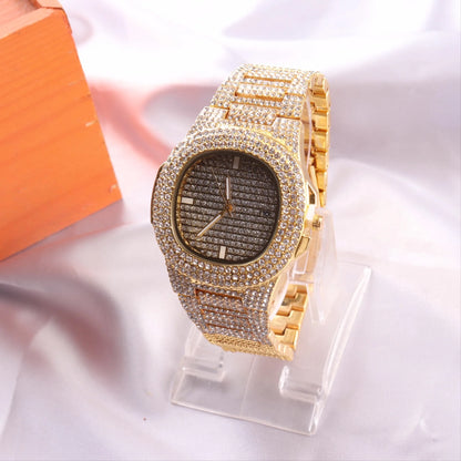 Golden Quartet Quartz Watch Stylish Square Full Sky Star Set Steel Band Diamond Calendar Men's Women's Wristwatch